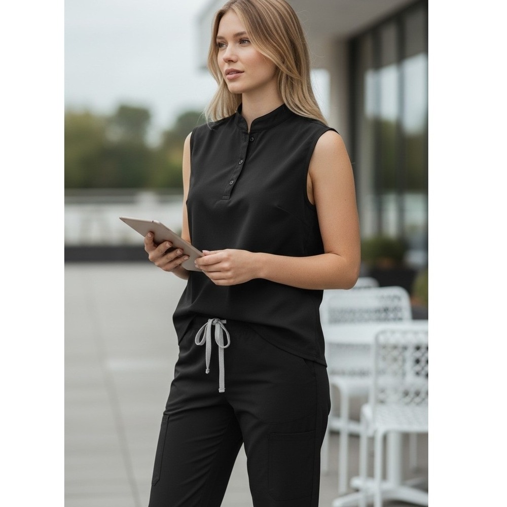 FIGS Scrub Set Womens XS Black Sleeveless Mandarin Collar Top Straight Leg Pants